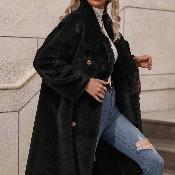 Black Faux fur teddy double breasted Coat Jacket - Picture 6 of 12